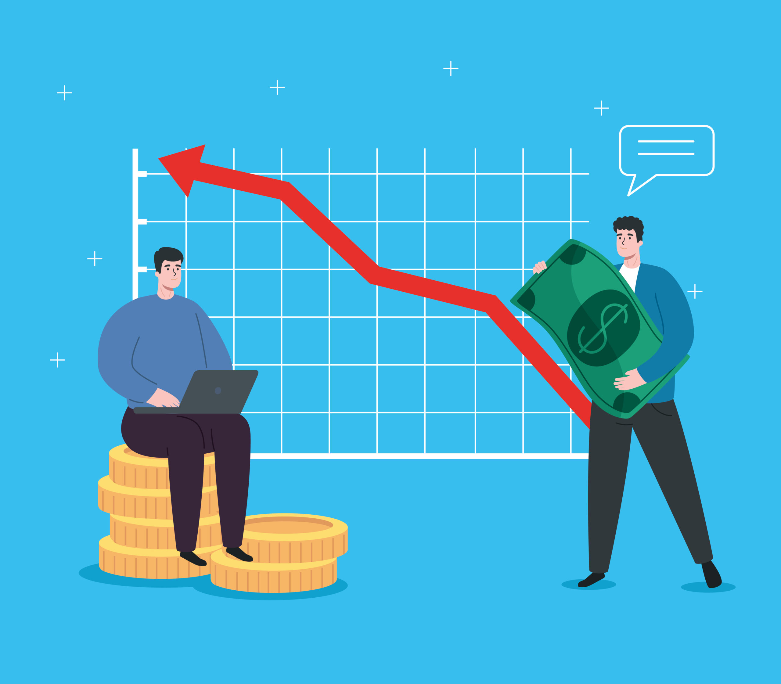 men with infographic of financial recovery vector illustration design