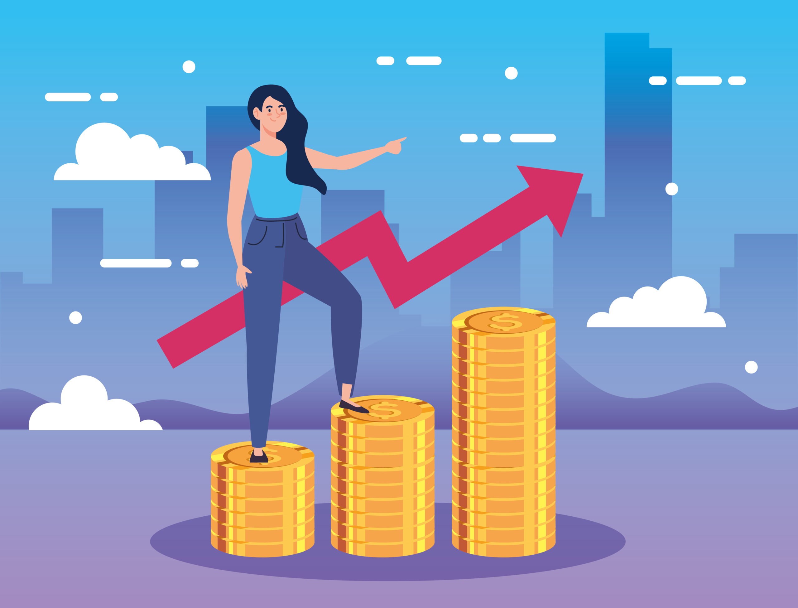 woman on piles of coins with arrow up infographic vector illustration design
